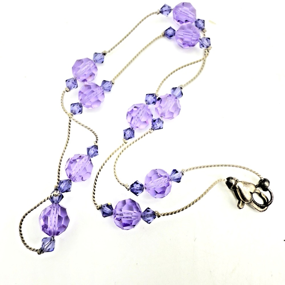 Vtg Purple Crystal Necklace Station Ilusion Sterling silver Clasp